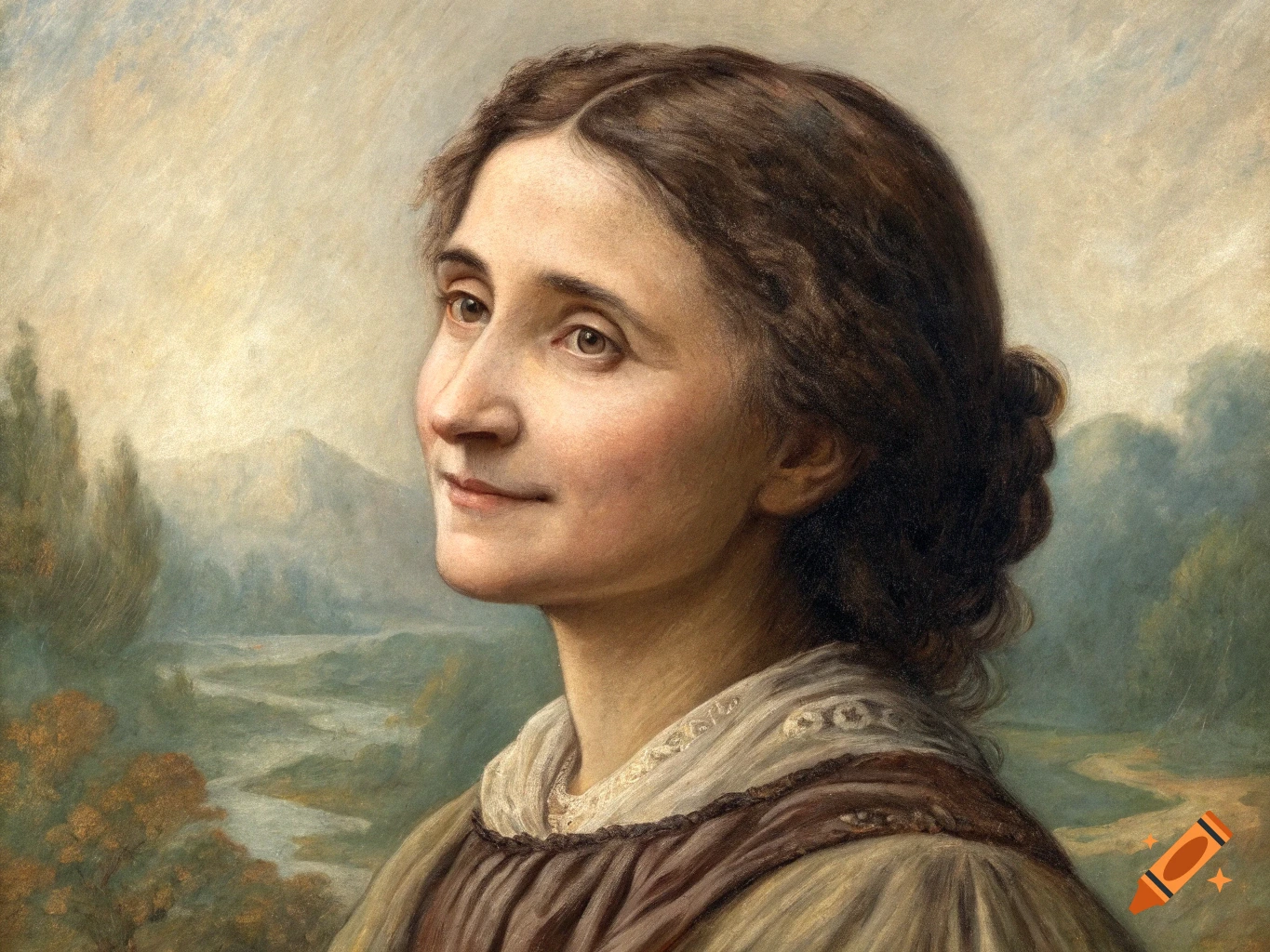 Painting of a woman looking up with a landscape background.