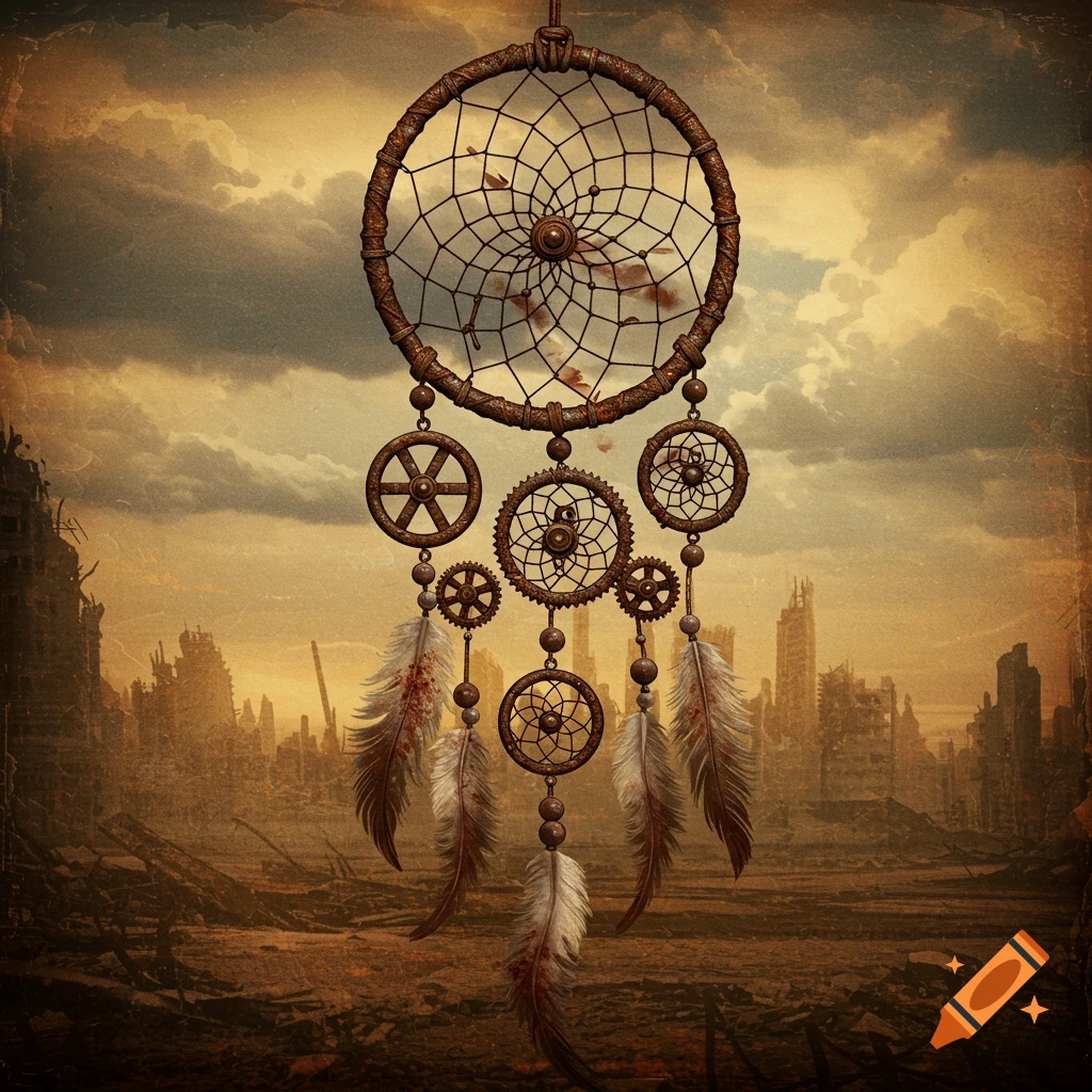 Steampunk dream catcher with gears over a vintage post-apocalyptic city.