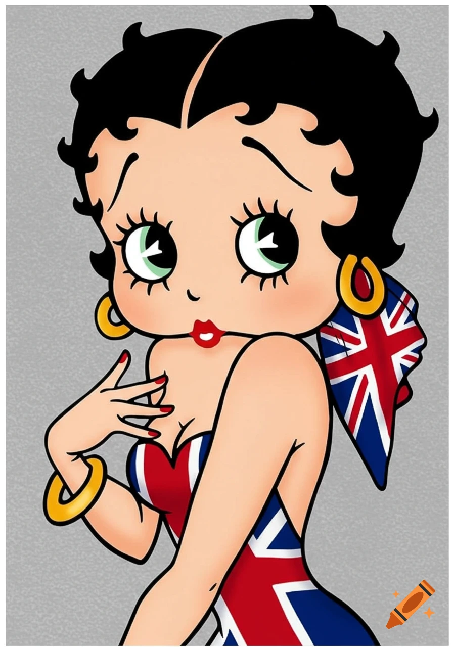 Betty Boop in a Union Jack dress and headscarf.