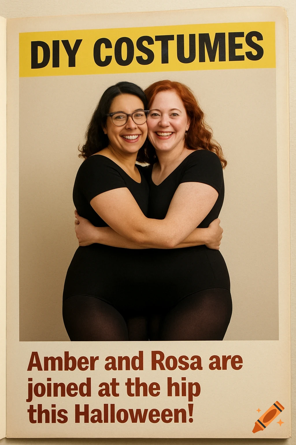 Two women in black leotards embracing to create a two-headed illusion Halloween costume. Text: DIY COSTUMES, Amber and Rosa are joined at the hip