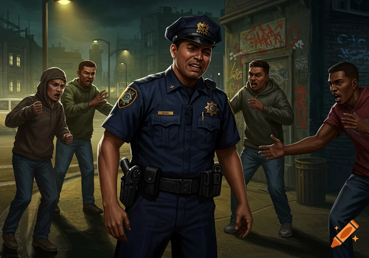 Illustration of a police officer facing angry people in a dark street.