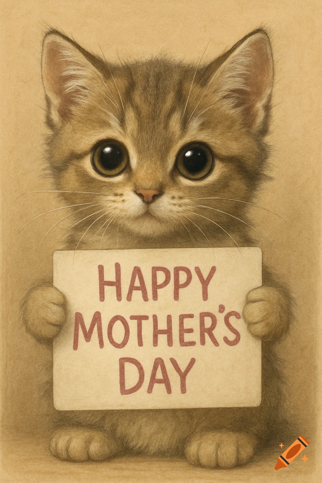Cute illustrated kitten holds a sign that says Happy Mother's Day.