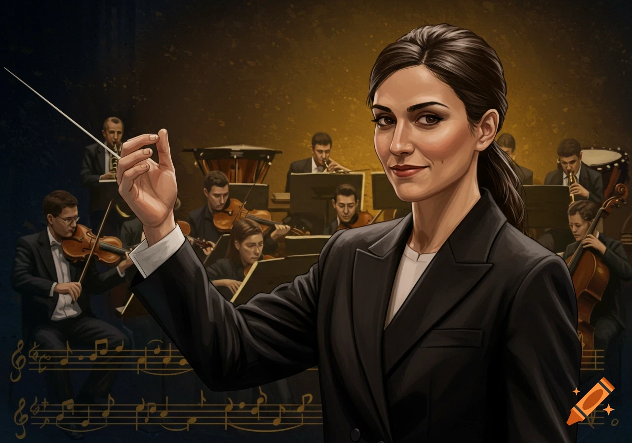 A female conductor leads an orchestra with musical notes in the background.