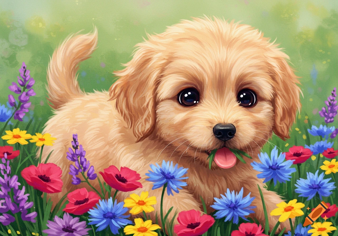 Cute golden puppy sitting among colorful red, blue, and purple flowers in a field, digital painting.