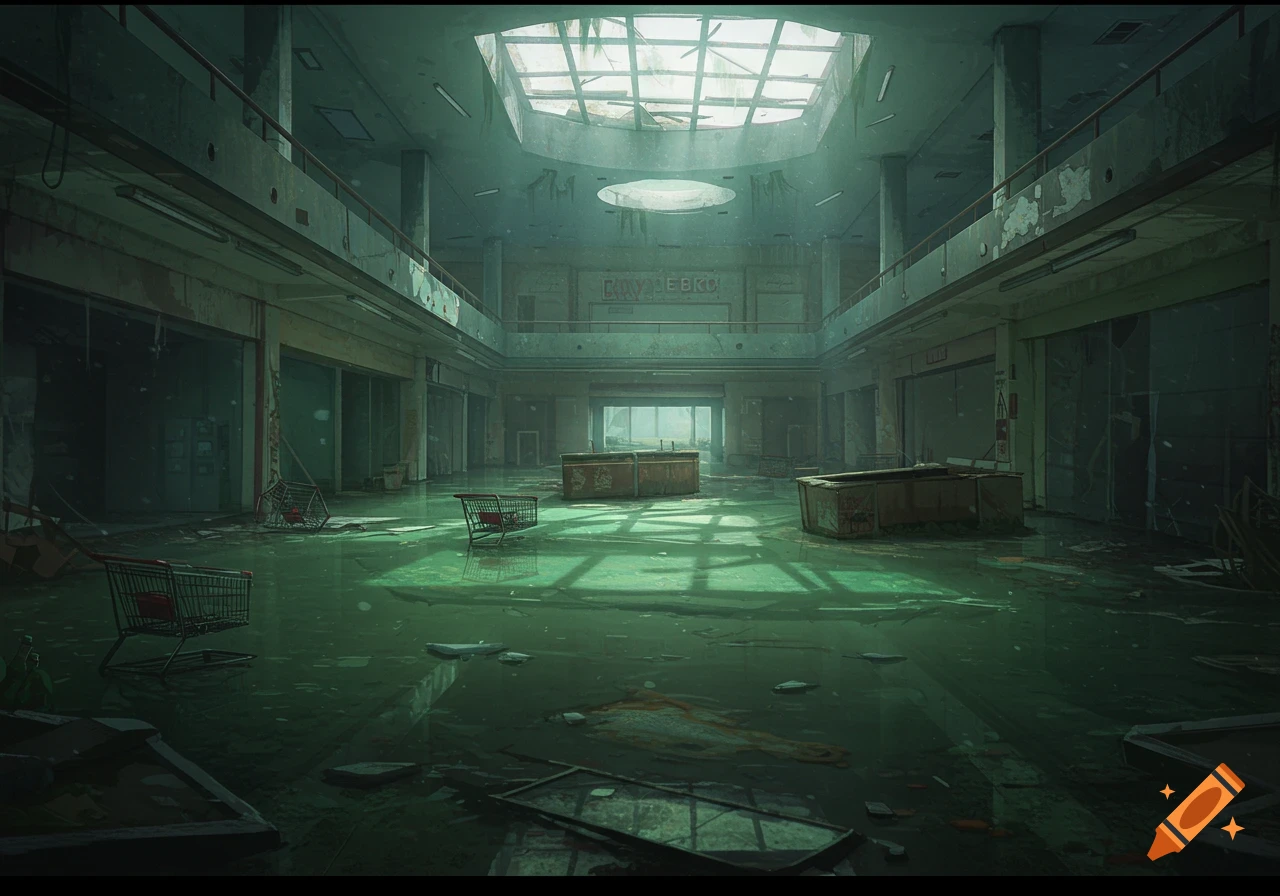 Abandoned flooded mall with sunlight streaming through a damaged skylight