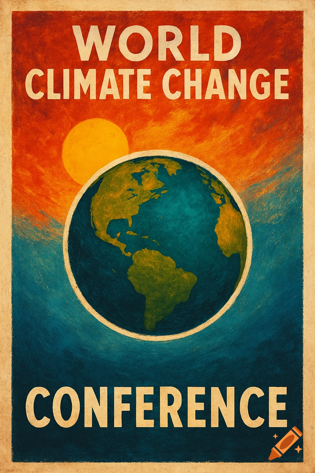 A poster for a world climate change conference with Earth, the sun, and text.