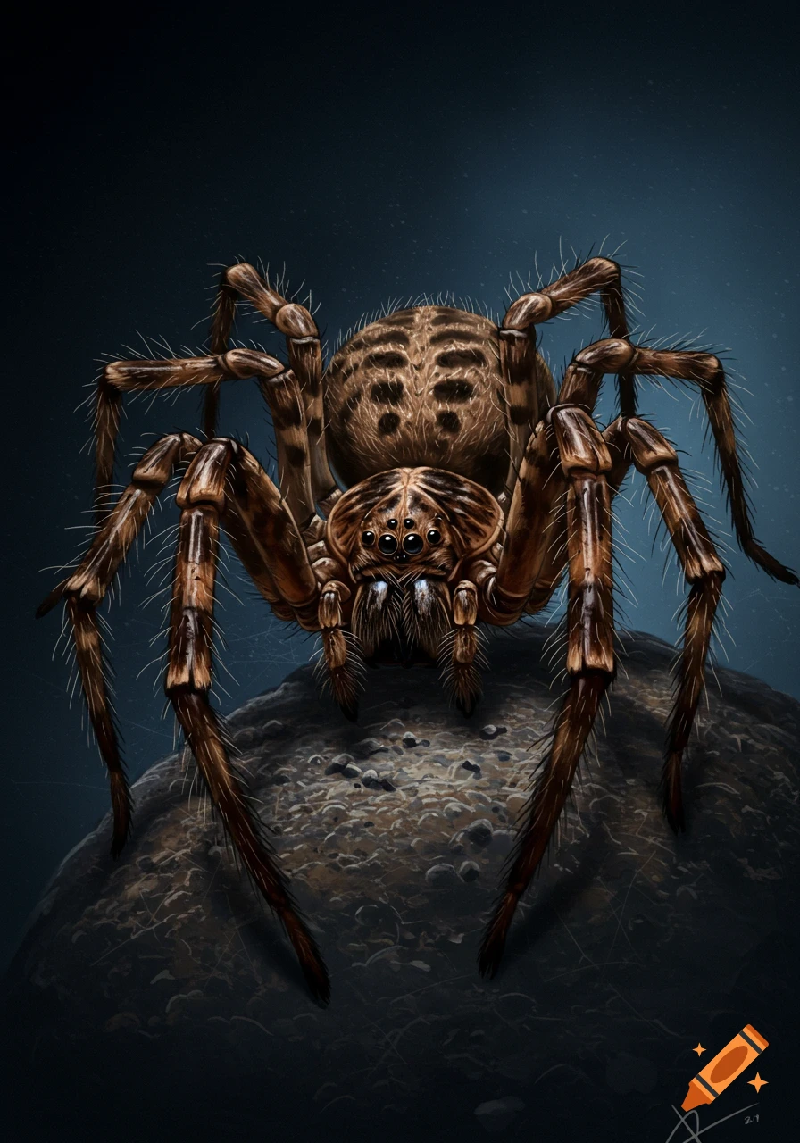 Detailed illustration of a large brown and black spider sitting on a rock.