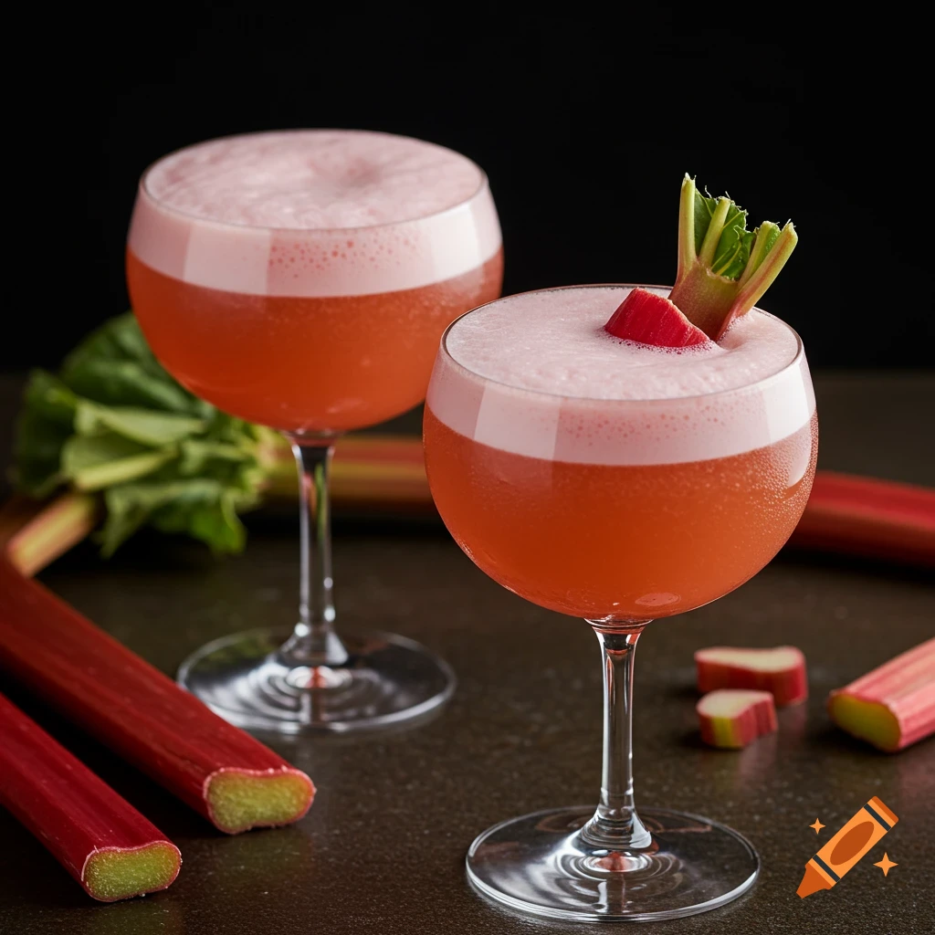 Two rhubarb cocktails with cold foam and rhubarb garnish, with rhubarb stalks around them.