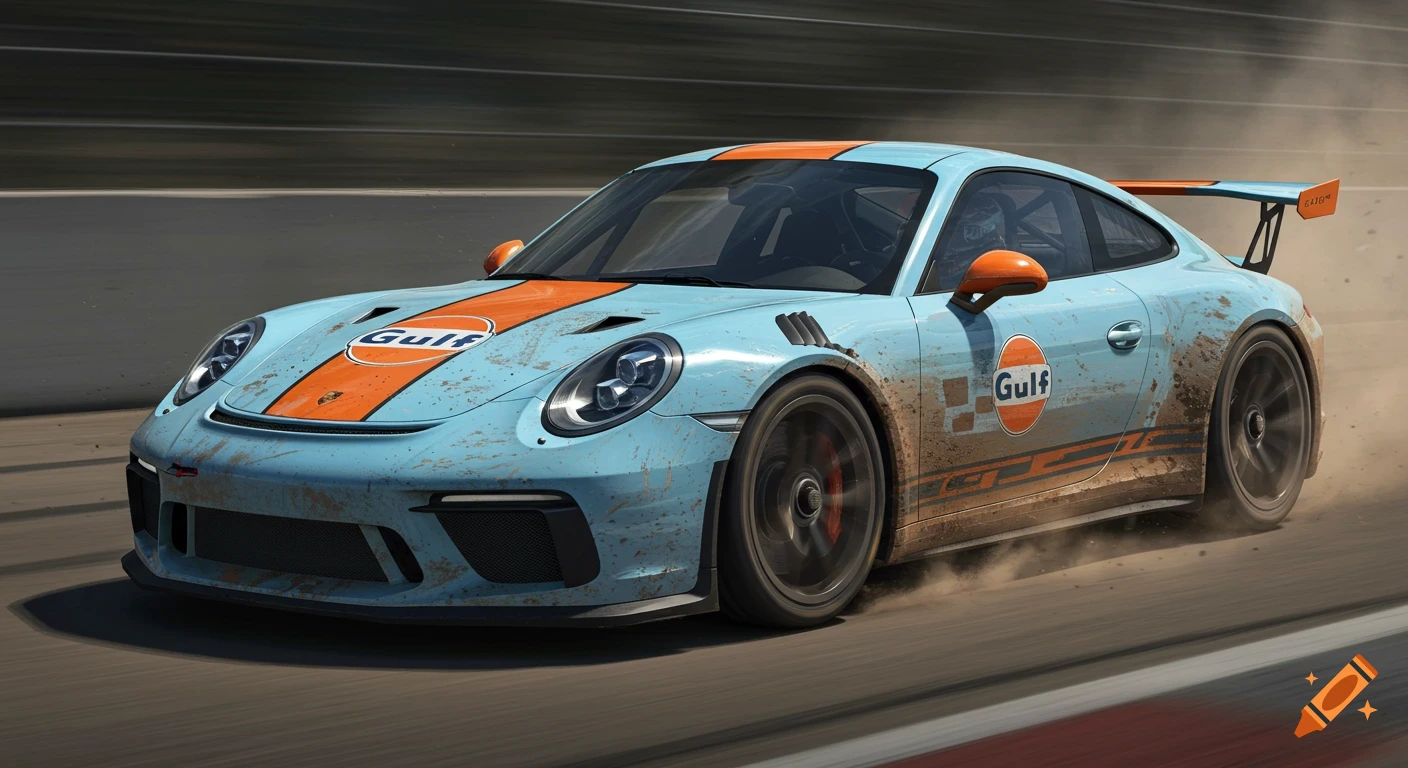 A dirty blue and orange Porsche 911 GT3 with Gulf livery races on a track.