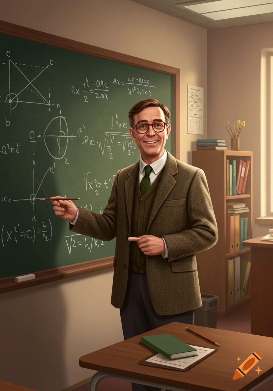 Smiling male teacher in a classroom pointing at a chalkboard filled with mathematical equations.