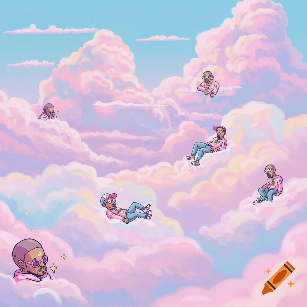 Cartoon style figures floating on pink clouds in a blue sky.