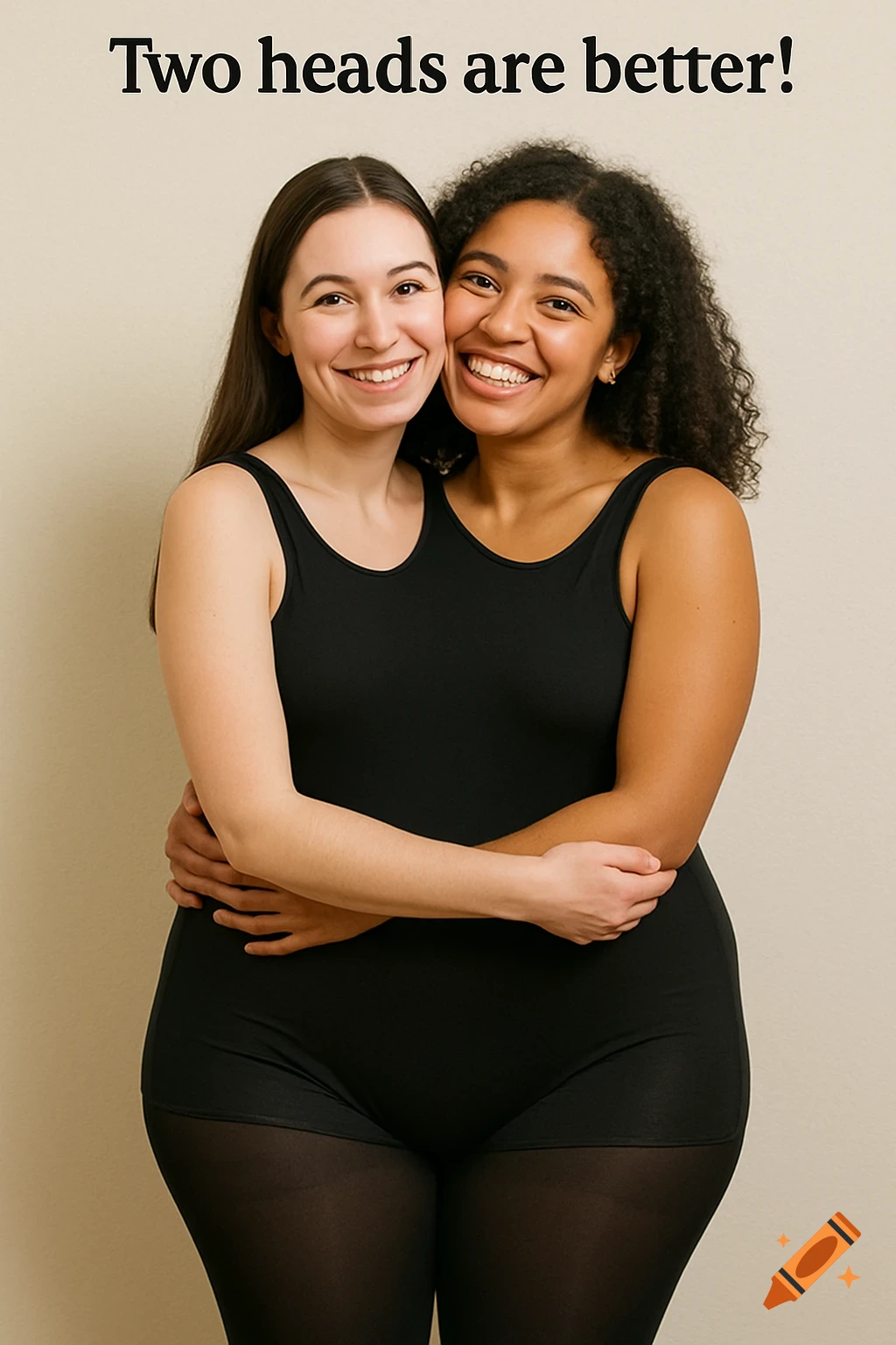 Two women hug, appearing merged into one body with two heads, with text "Two heads are better!" above.