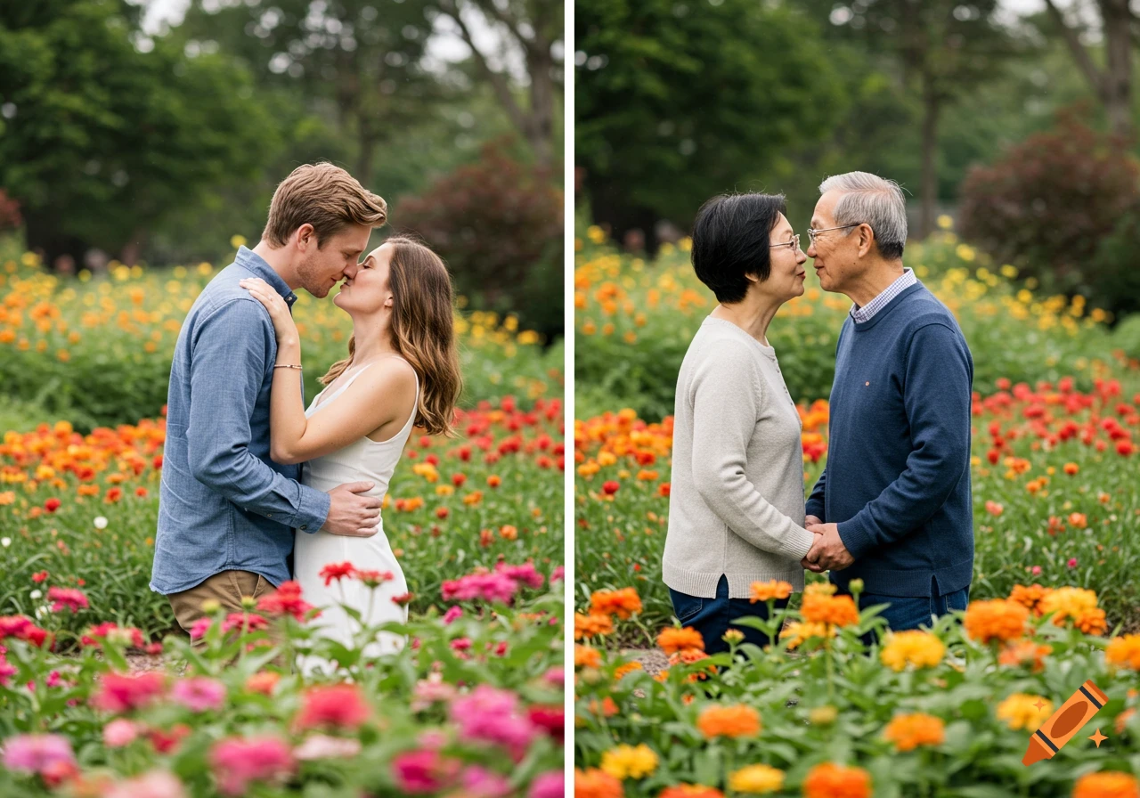 Two couples kiss and hug in a colorful flower garden.