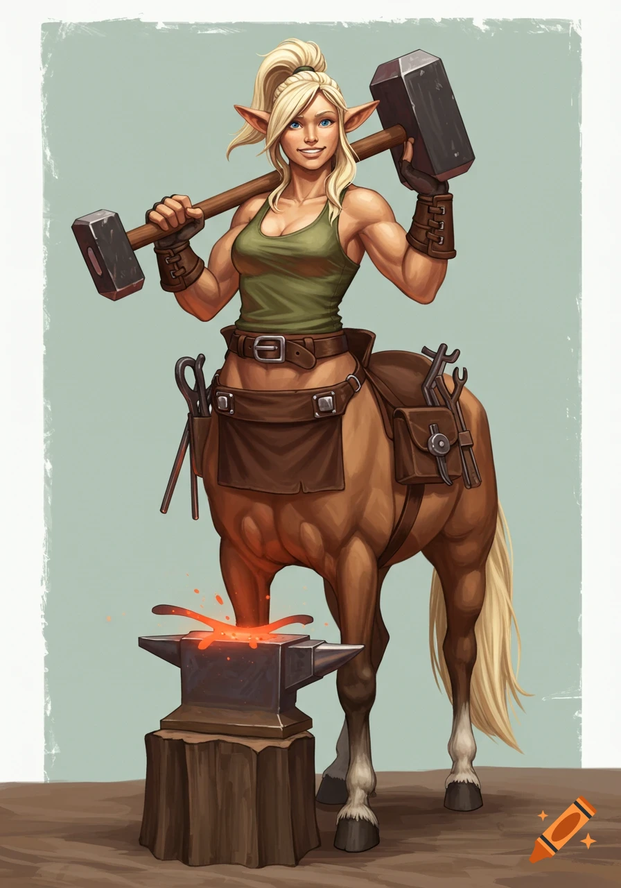 Fantasy illustration of a strong female centaur blacksmith holding a large hammer by an anvil.