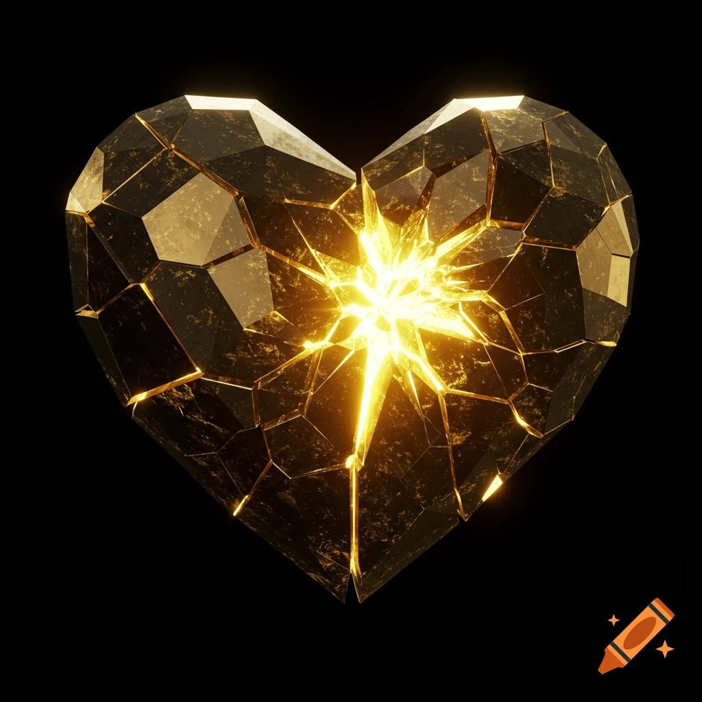Shattered golden geometric heart with bright light radiating from cracks on a black background.