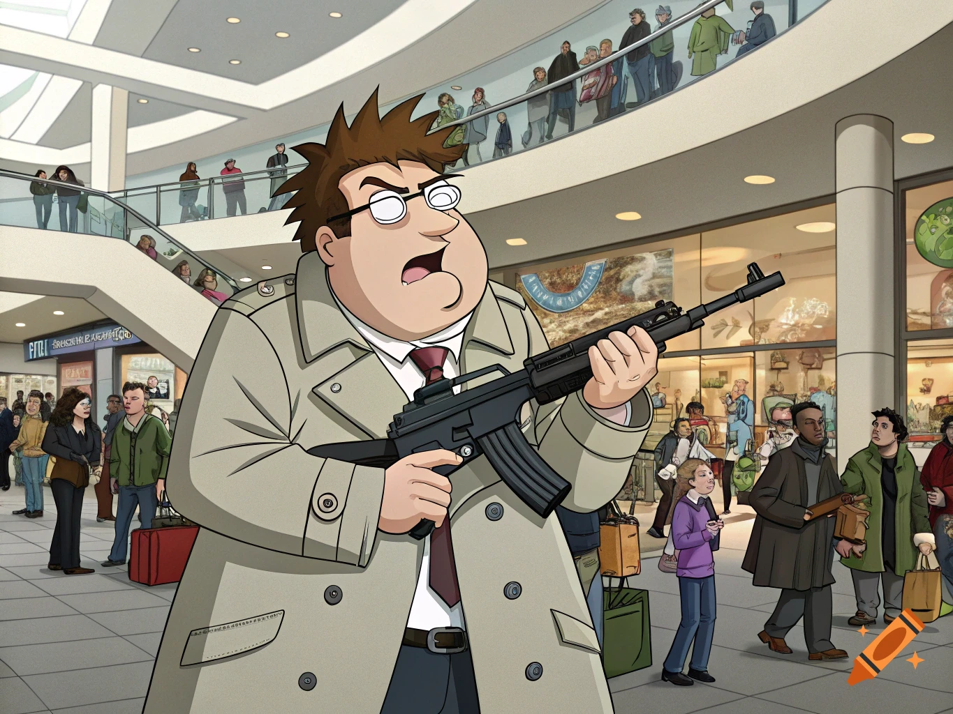 Cartoon man with spiky hair and trench coat holding a rifle in a mall.