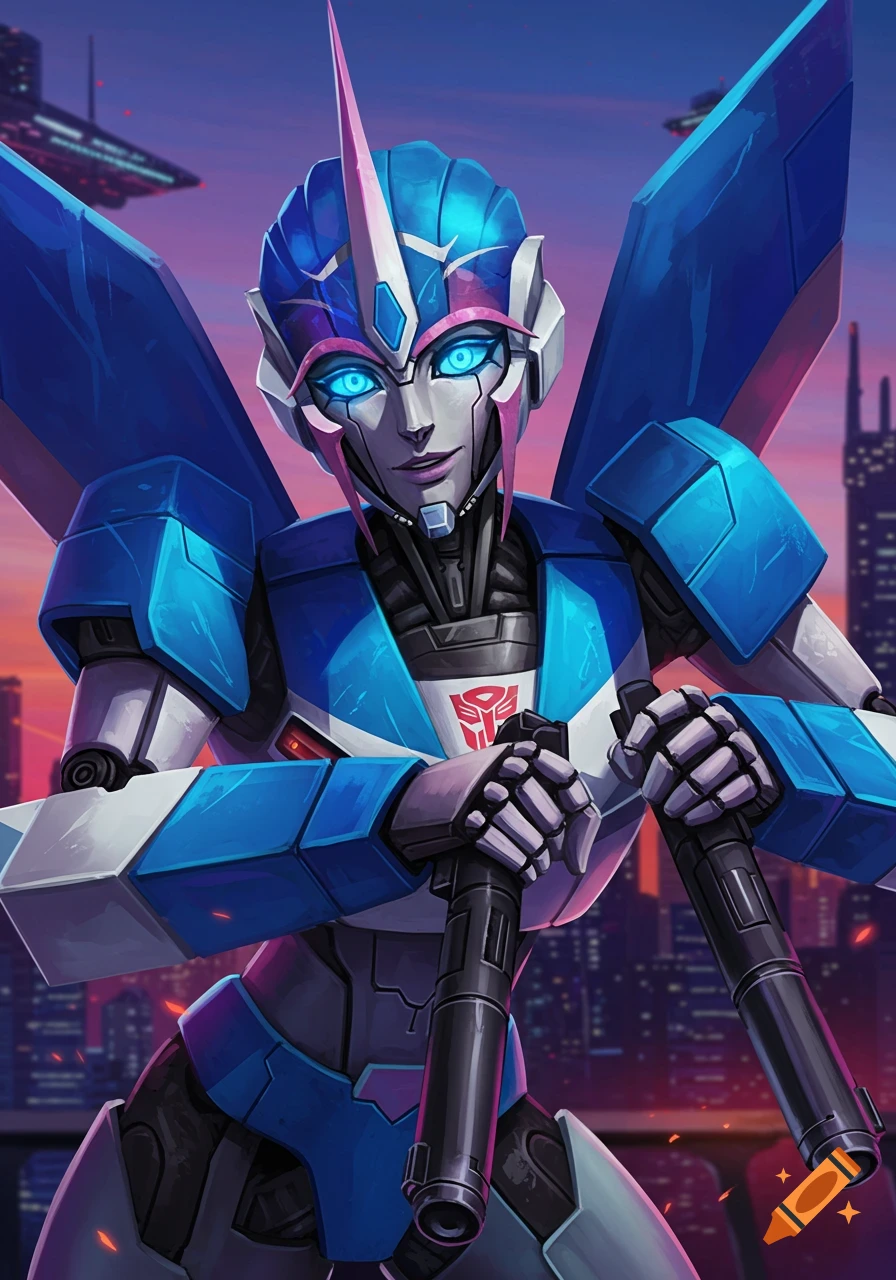 Blue and white Autobot Arcee holding blasters in front of a city skyline.