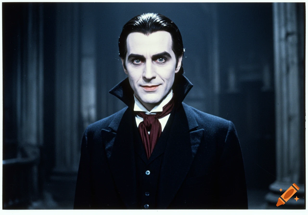 Portrait of a man dressed as a vampire with a cape and cravat in a dark setting.