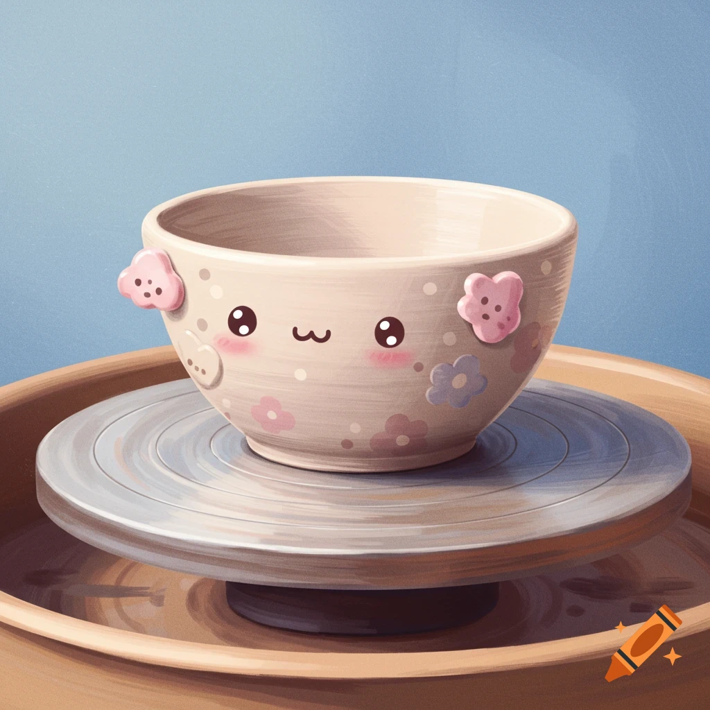 Cute kawaii pottery bowl with a face and flowers on a pottery wheel.