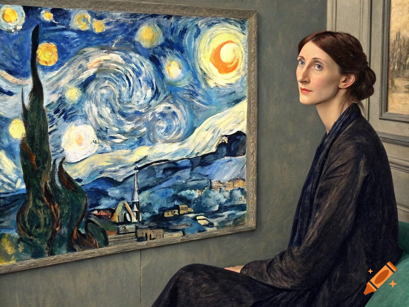 Woman viewing a painting of Starry Night in a style influenced by Modigliani.