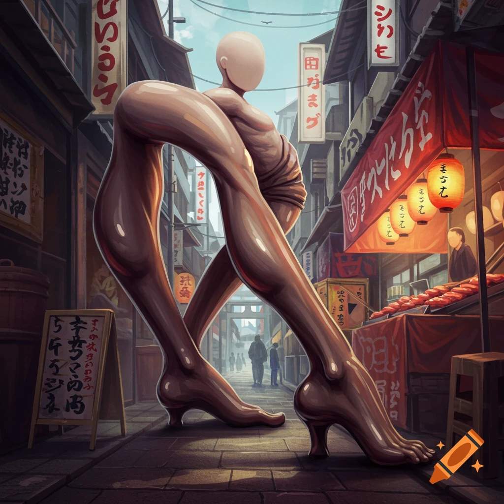 A surreal figure with distorted, elongated legs and a featureless head stands in a detailed Japanese marketplace.