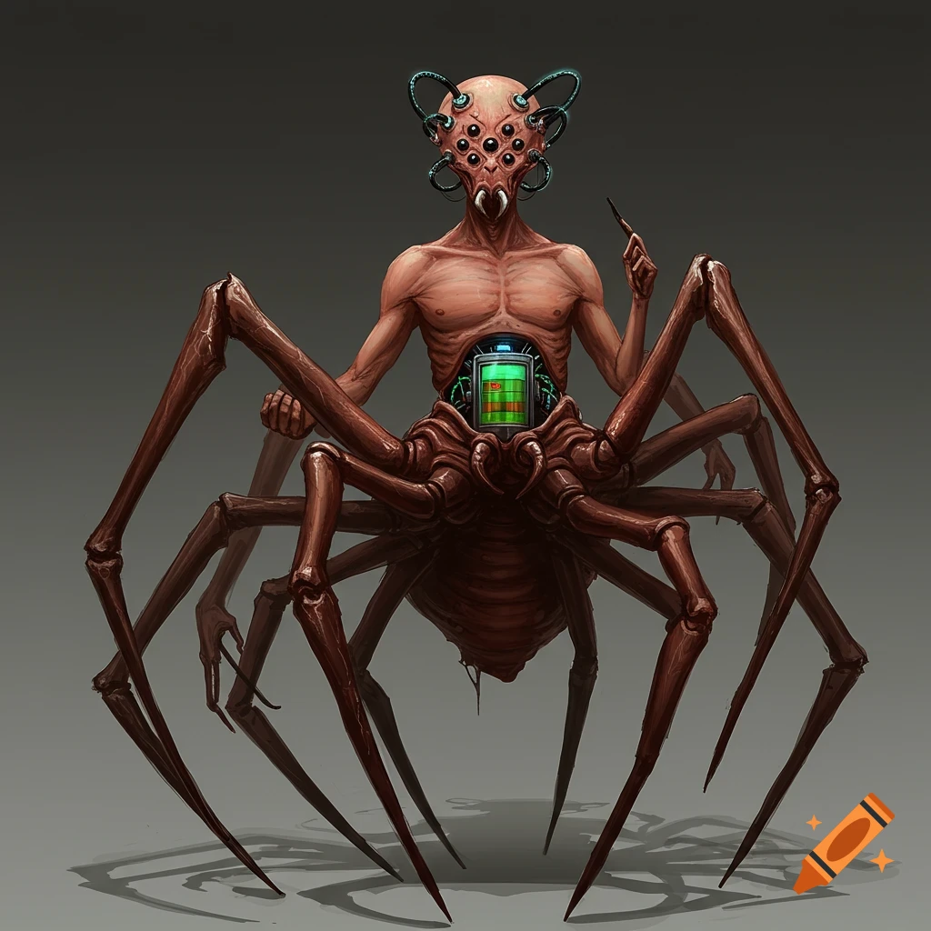 Illustration of a creature with a human torso, spider lower body and legs, multiple eyes, and cybernetic implants.