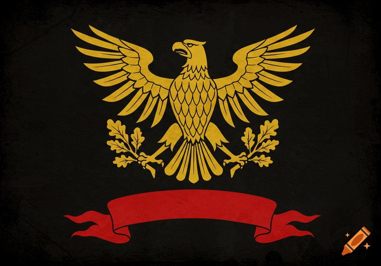 Golden eagle emblem with oak branches and a red banner on a black textured background.