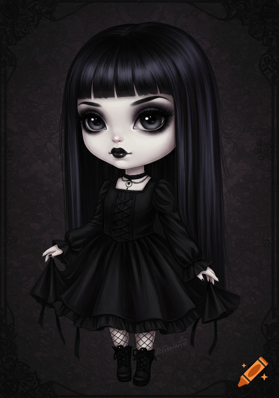 A stylized, doll-like illustration of a goth girl in a black dress with fishnet stockings and boots.
