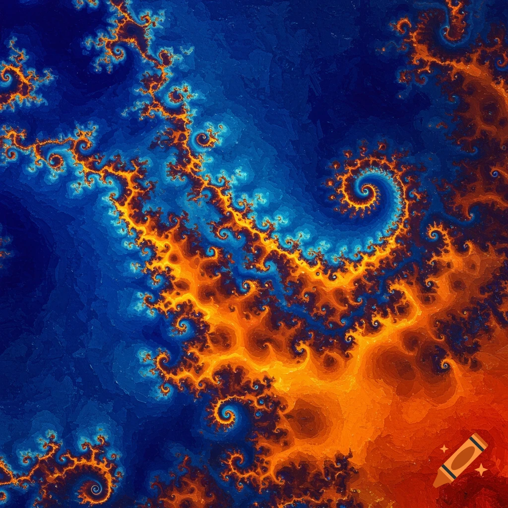 Abstract fractal pattern in orange, blue, and red.