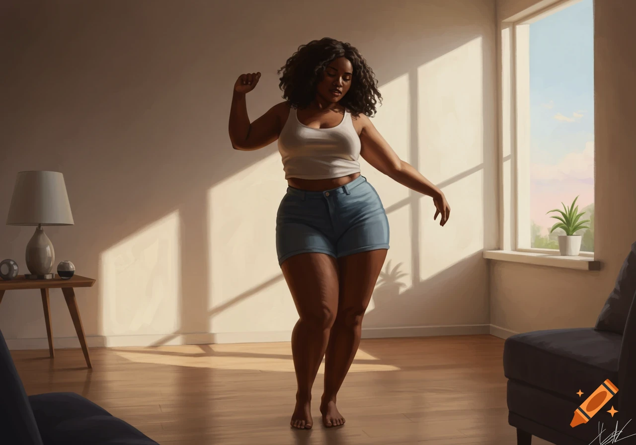 A curvy African American woman dances in a sunlit room.