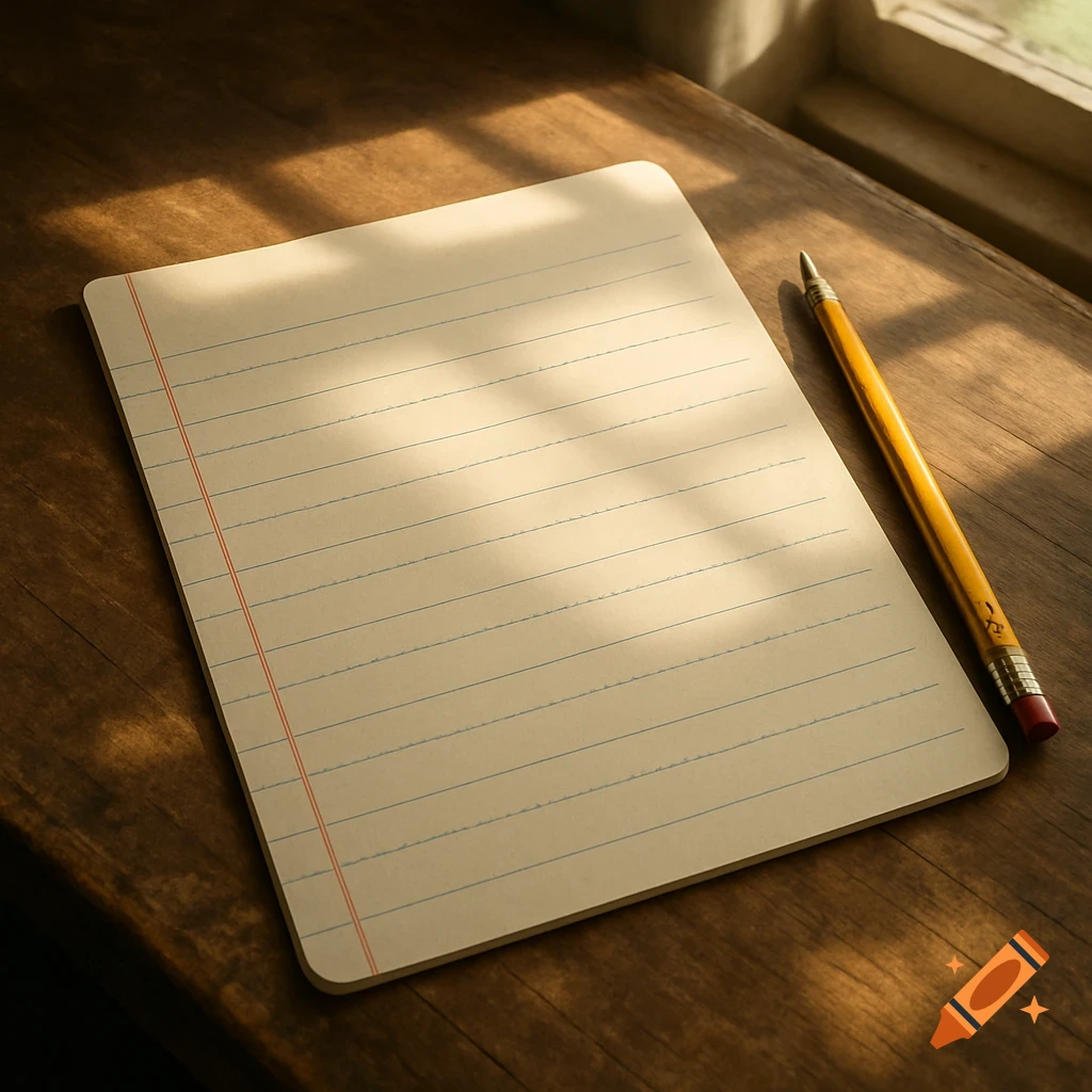 Notebook paper and pencil on a wooden desk with sunlight streaming through a window.