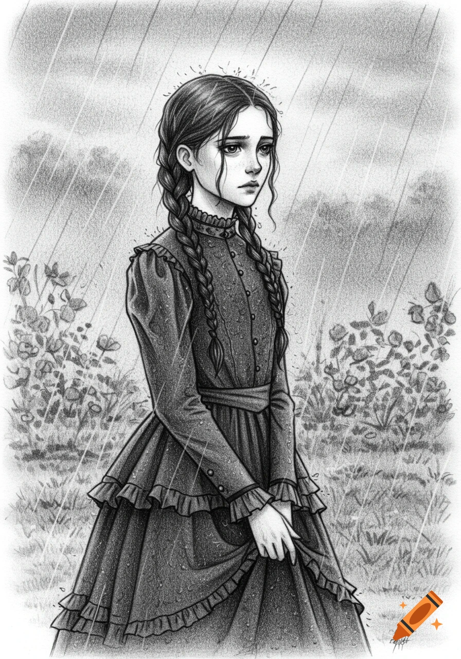 A pencil sketch of a girl in a Victorian dress standing in the rain.