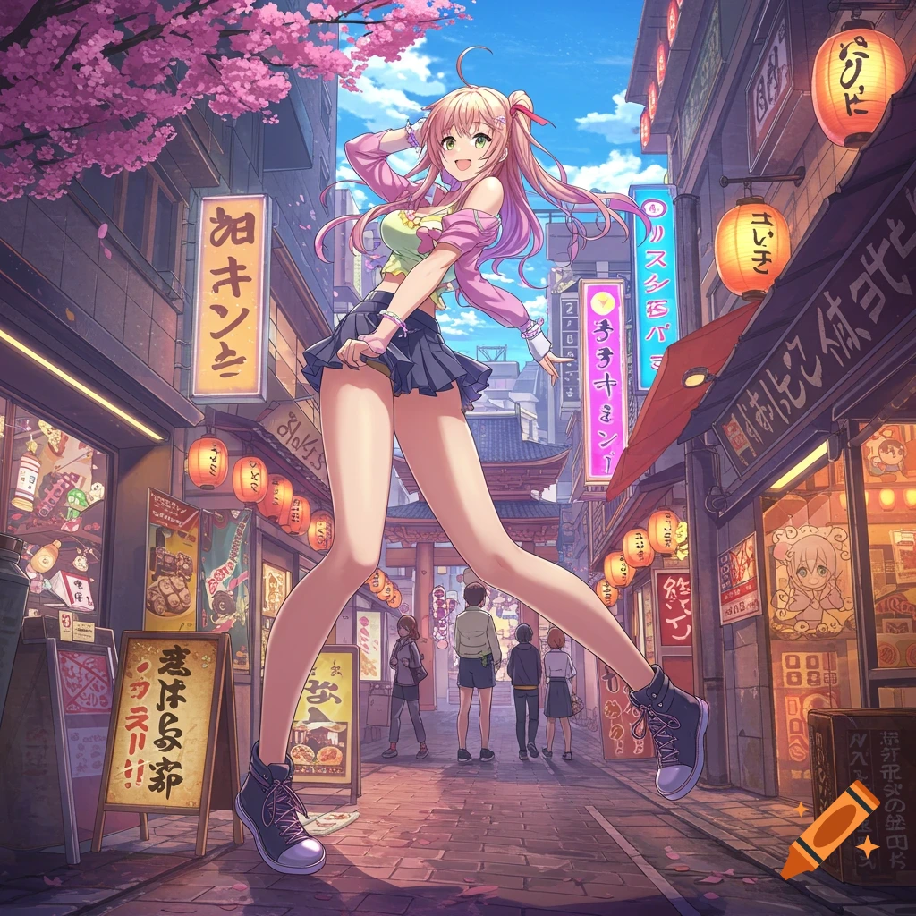 Anime girl walks down a busy Japanese street under cherry blossoms.