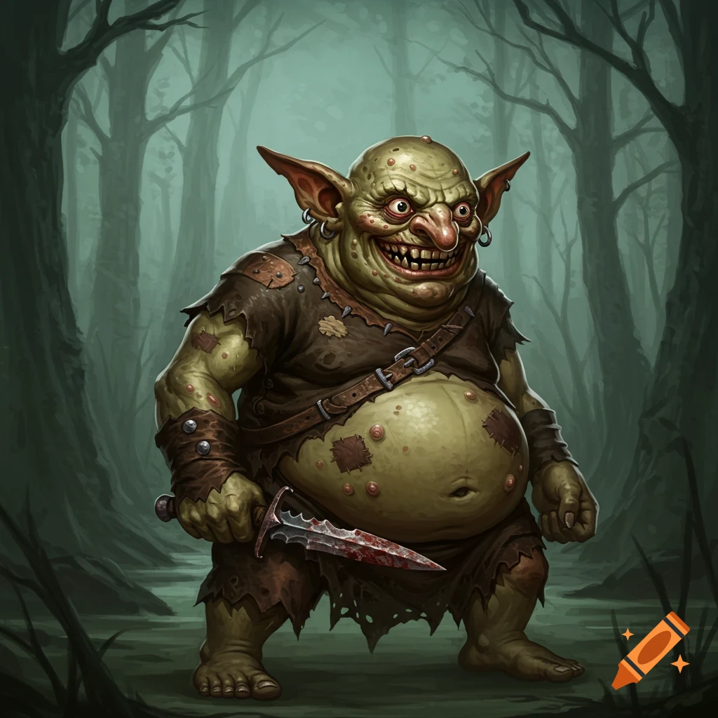 A green, fat goblin with a wide, toothy smile holds a bloody dagger in a dark forest. Fantasy illustration style.