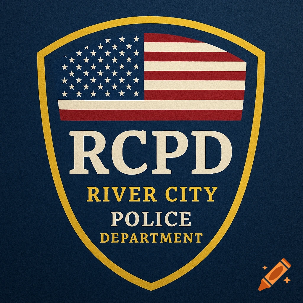 Police shield logo with American flag and text "RCPD River City Police Department" on a dark blue background.