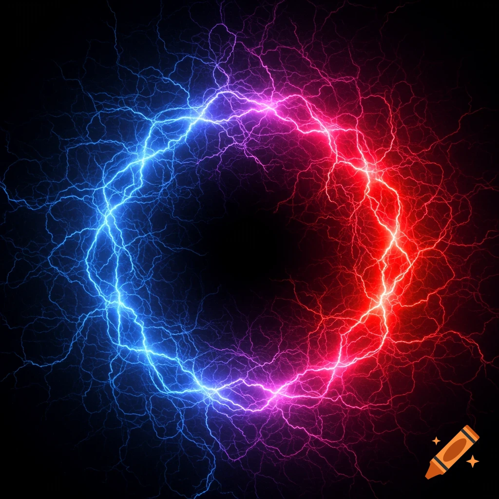 Abstract blue and red lightning forming a circle against a dark background.