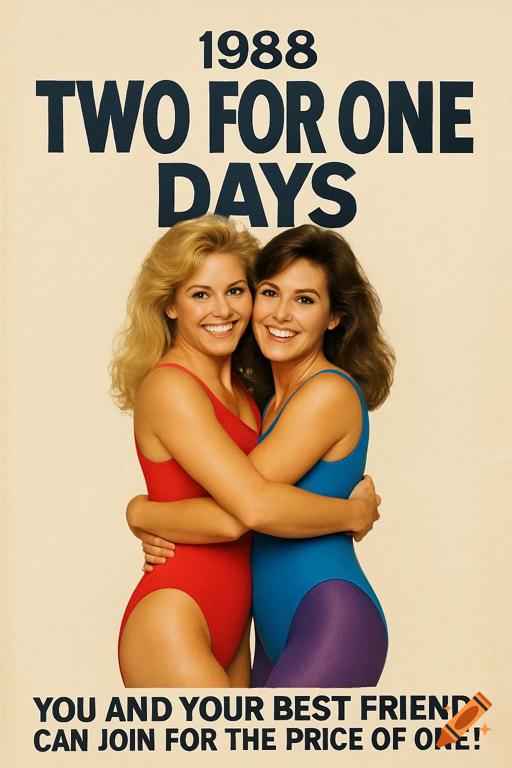 Vintage style fitness ad poster of two women hugging in leotards