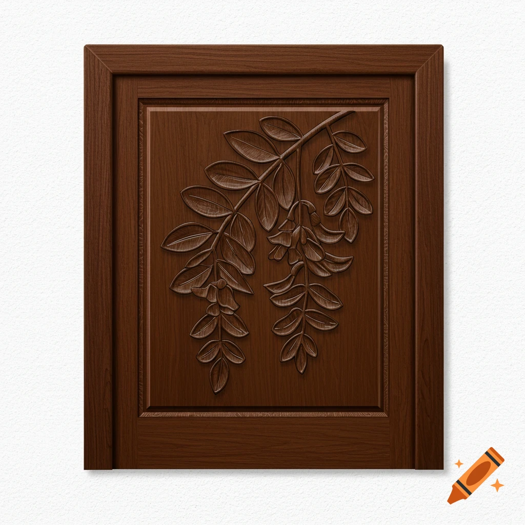 Square wood panel with carved botanical design against a white wall.