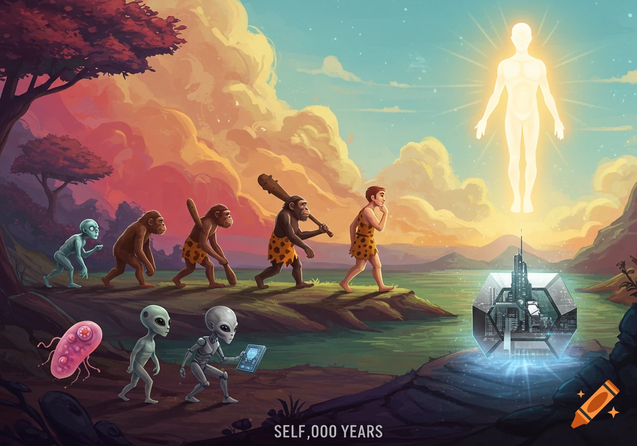 Illustration showing the evolution of life from single cell to ape, caveman, human, cyborg, aliens, a tesseract with a city, and a light being, with text 'SELF,000 YEARS'.