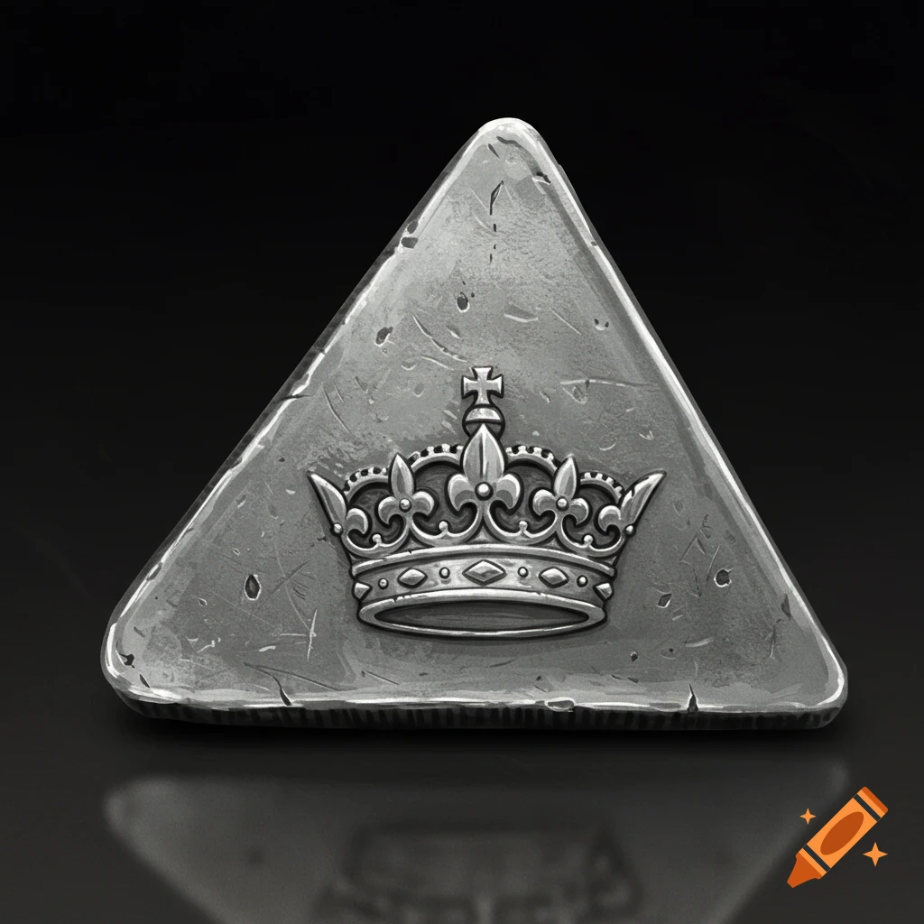 A silver triangular coin with a crown embossed on it, against a dark background.