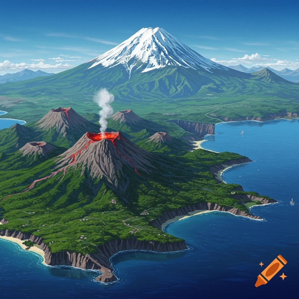 Scenic view of a volcanic island chain with an erupting volcano and a large snow-capped mountain by the coast.