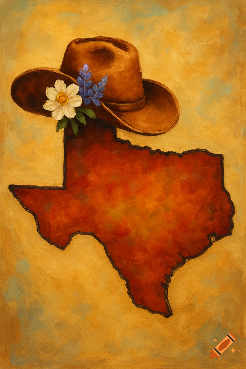 Painting of a cowboy hat and flowers on the outline of Texas.