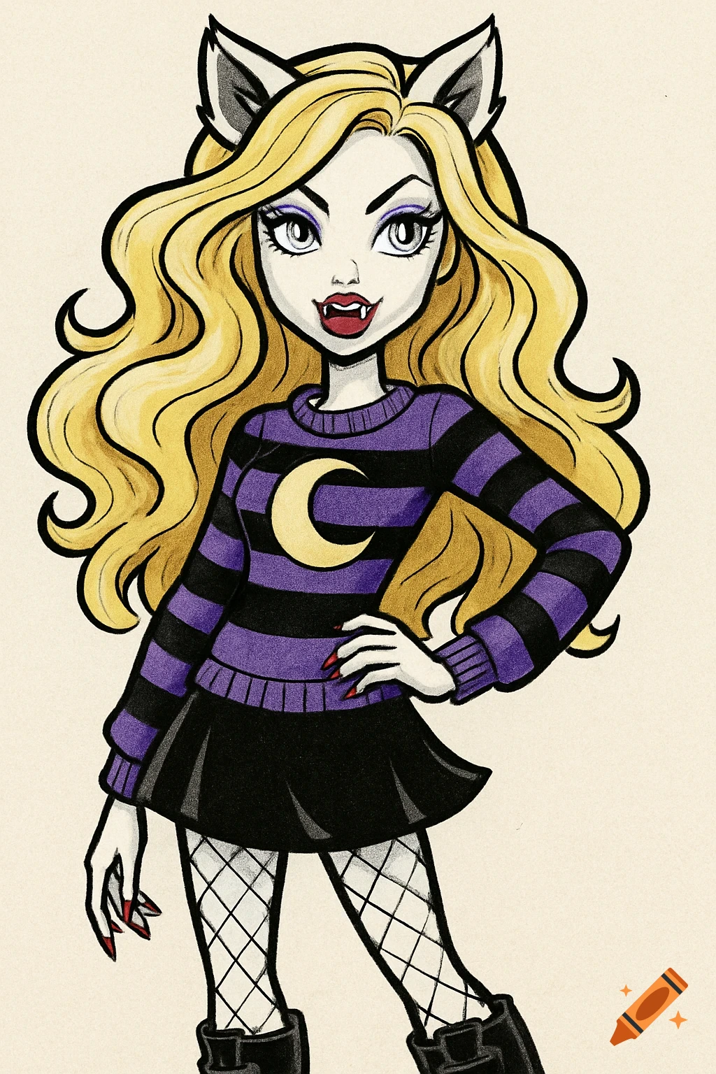 Cartoon werewolf girl in striped sweater and fishnets.