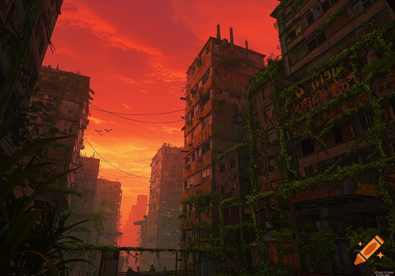 View looking up at overgrown, rusty buildings against a red sky.