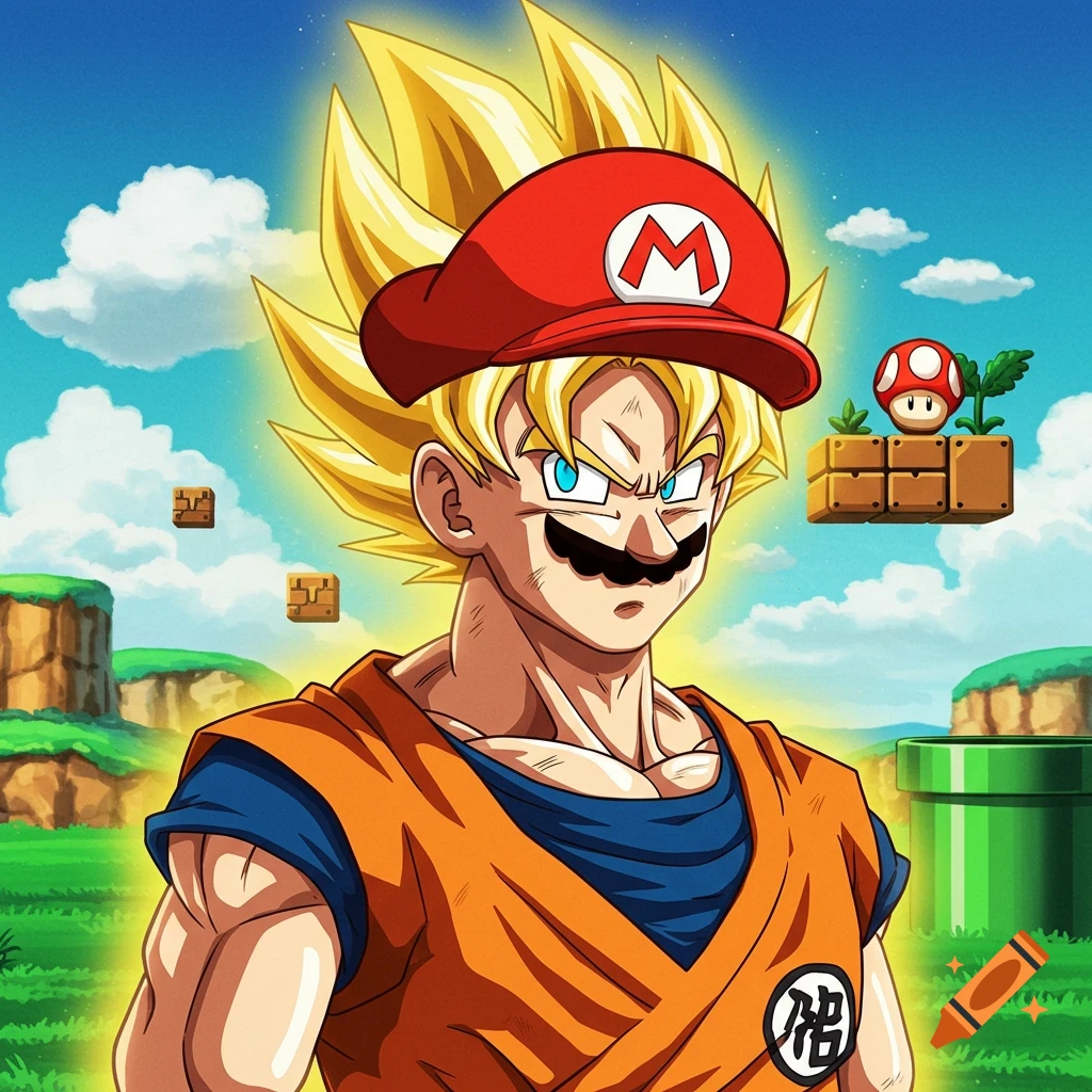 Anime character Goku wearing Mario's hat and mustache in a Super Mario Bros level