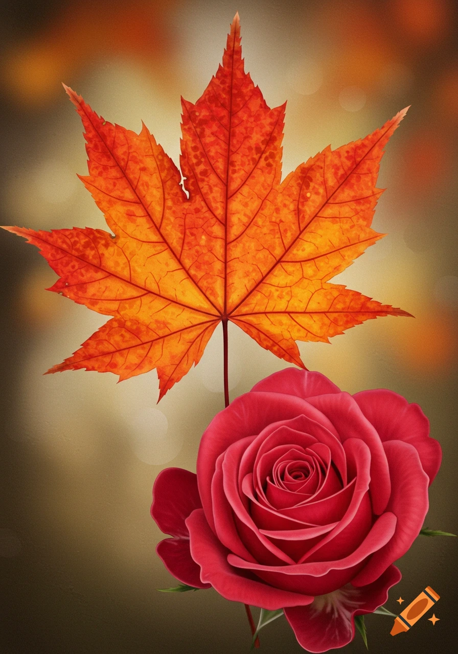 A red rose below an orange and red maple leaf with a warm, blurry background.