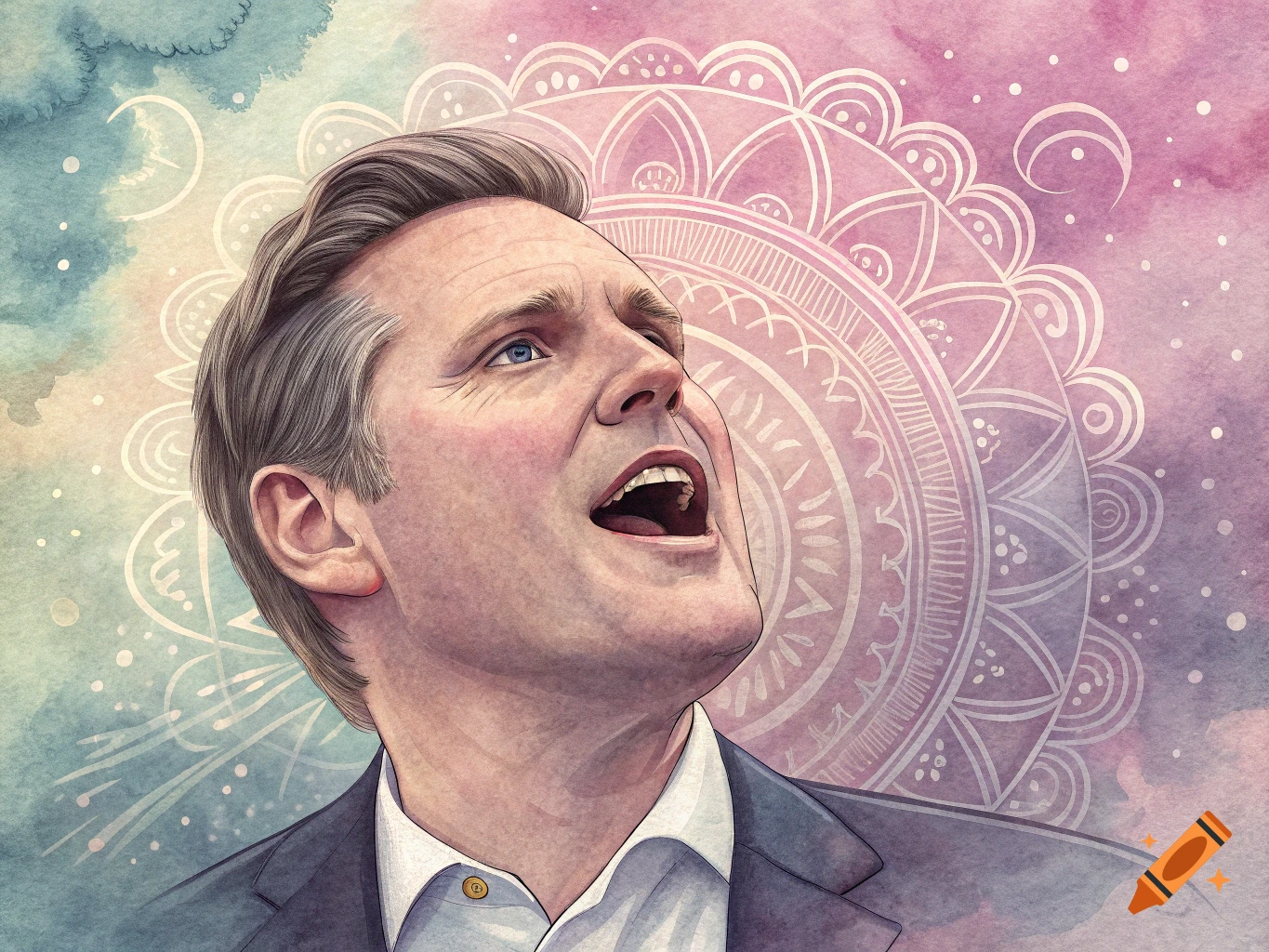 Watercolor portrait of a man looking up with mouth open against an esoteric background.