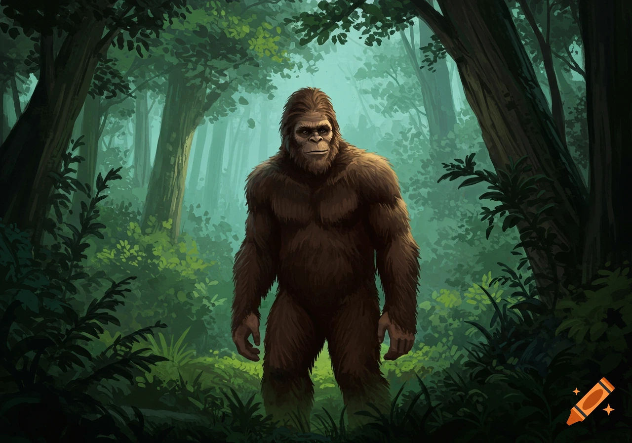A Bigfoot stands in a misty forest clearing.