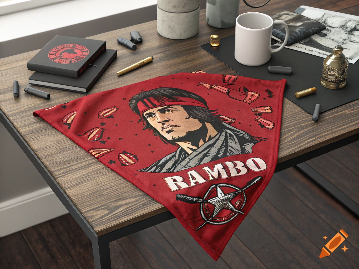 Red bandana with Rambo portrait, text, and bullet casings on a wooden desk.