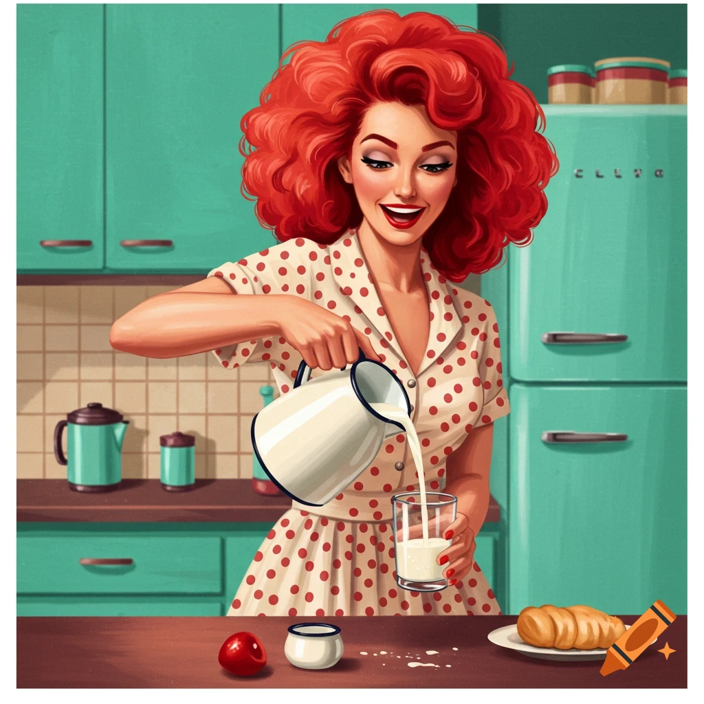 A retro-style illustration of a woman with red hair pouring milk in a kitchen.